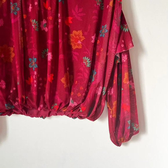 Free People Wildflower Honey Floral Flounce Top XS Red Berry Sheer Mesh - Picture 4 of 11